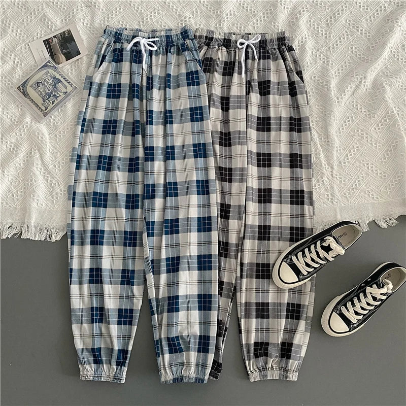 Loose Black Plaid Summer Trousers