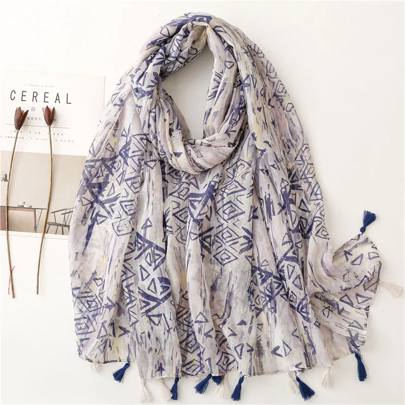 Ink Painting Floral Tassel Scarf