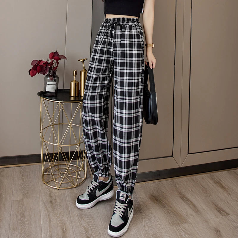 Loose Black Plaid Summer Trousers