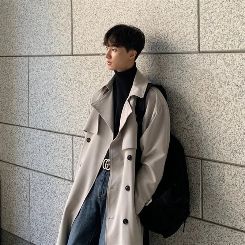 Korean Long Windbreaker Streetwear Men's Coat