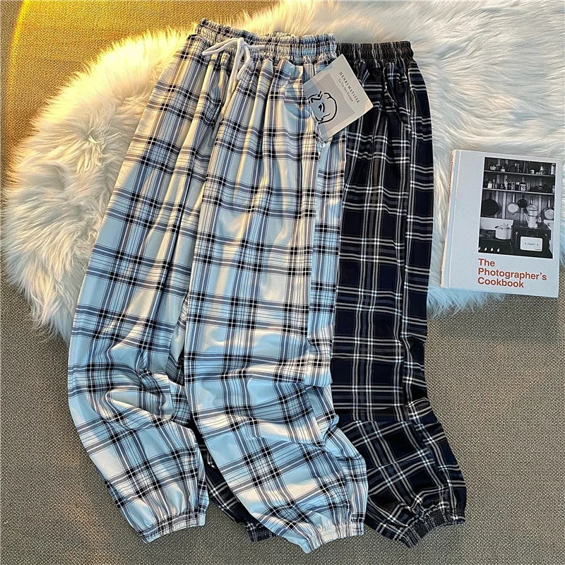 Loose Black Plaid Summer Trousers