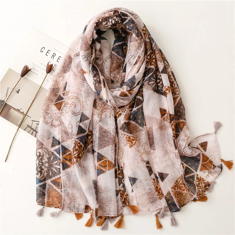 Ink Painting Floral Tassel Scarf