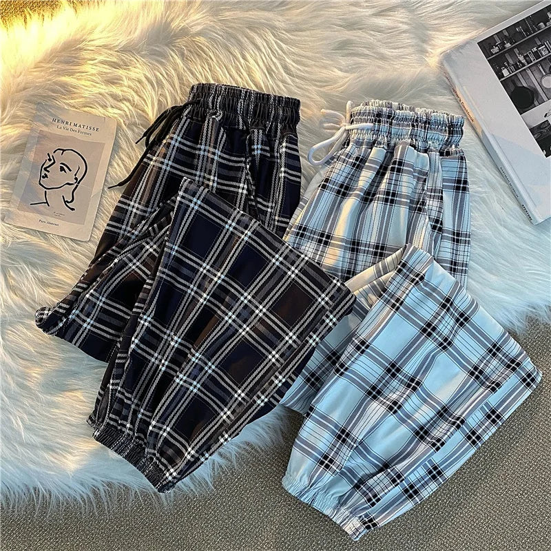 Loose Black Plaid Summer Trousers