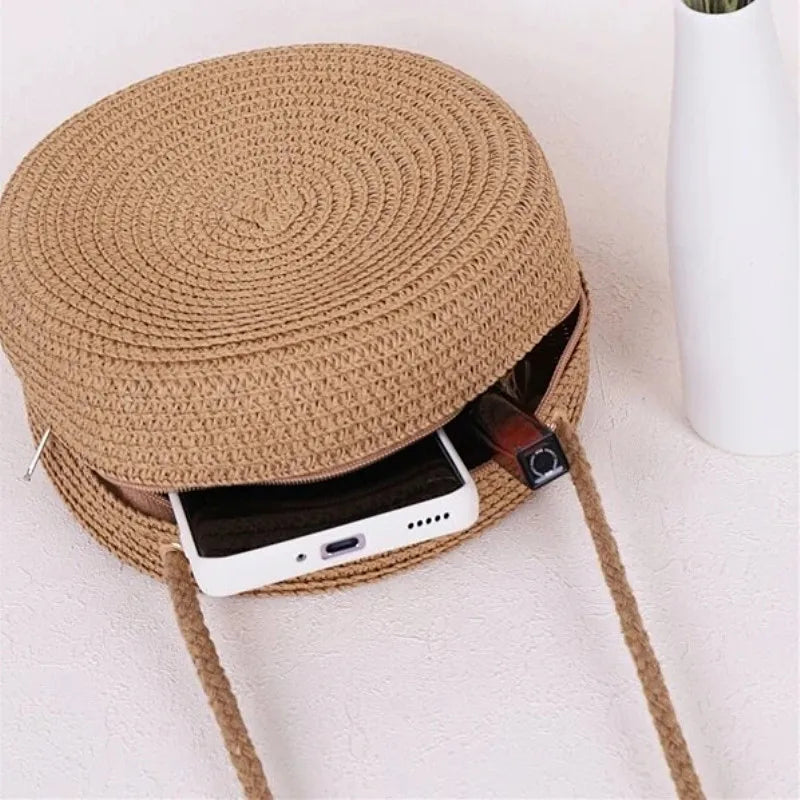 Minimalist Straw Round Crossbody Bag