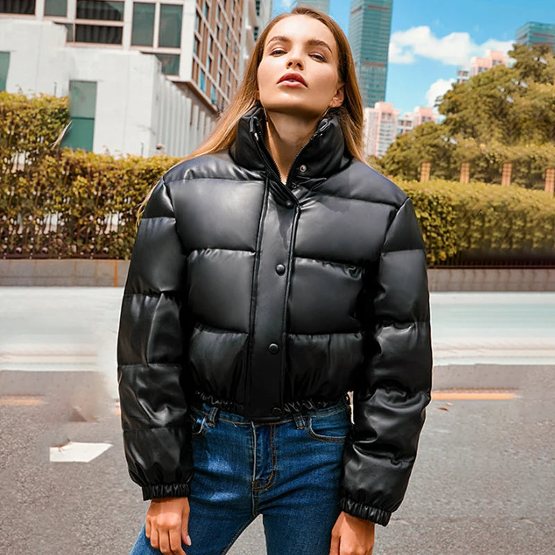 Thick PU Leather Puffer Jacket