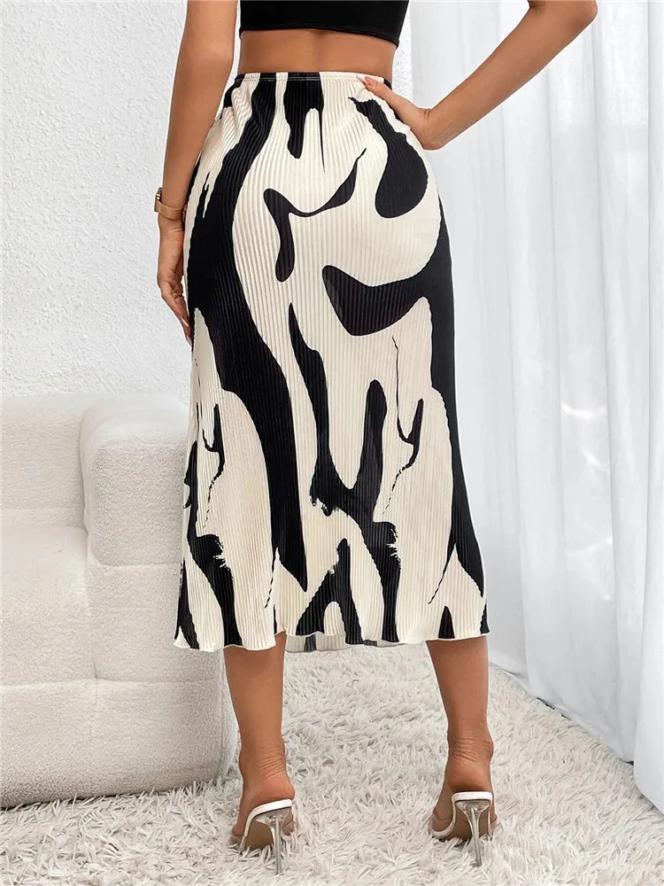 Casual Graphic Print Pleated Long Skirt