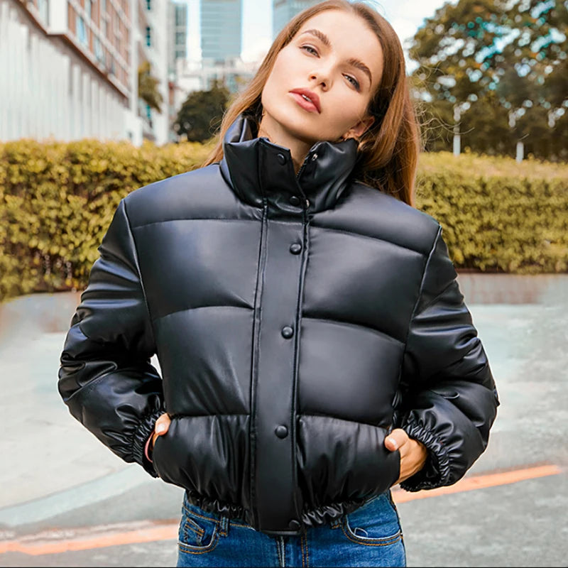 Thick PU Leather Puffer Jacket