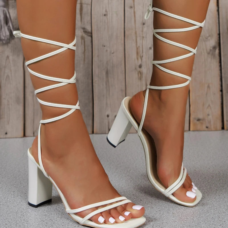 Elegant Strap Solid Color Square Toe High Heels