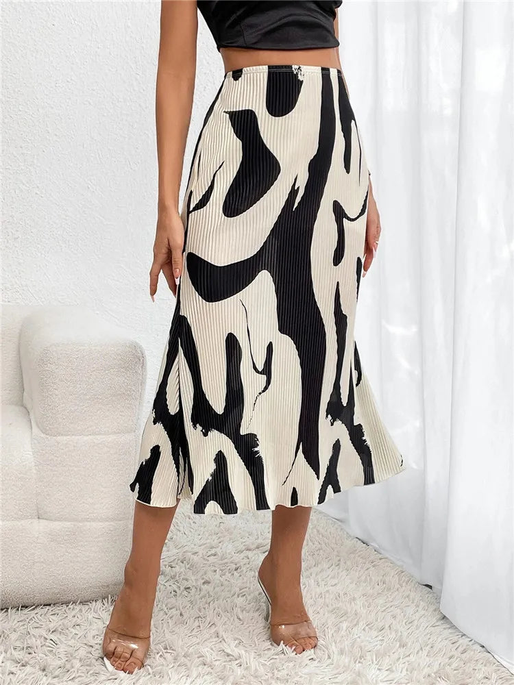 Casual Graphic Print Pleated Long Skirt