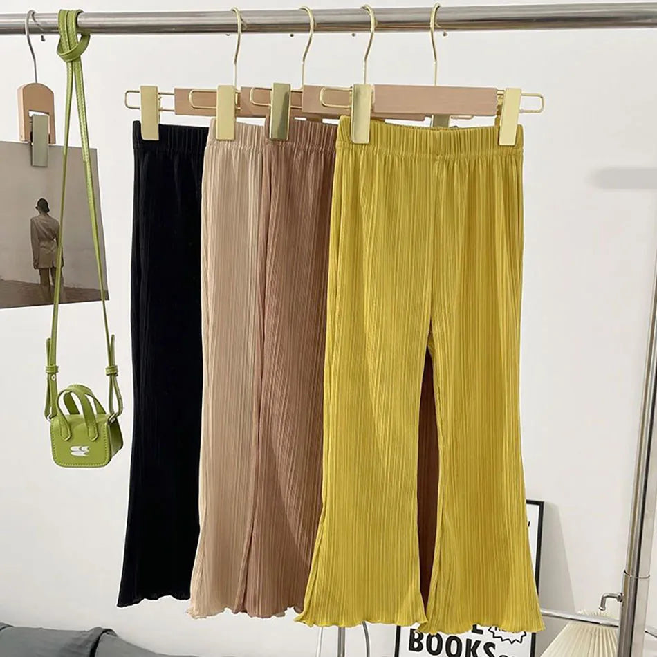 Girls Summer Solid Color Thin Ribbed Knit Flared Pants