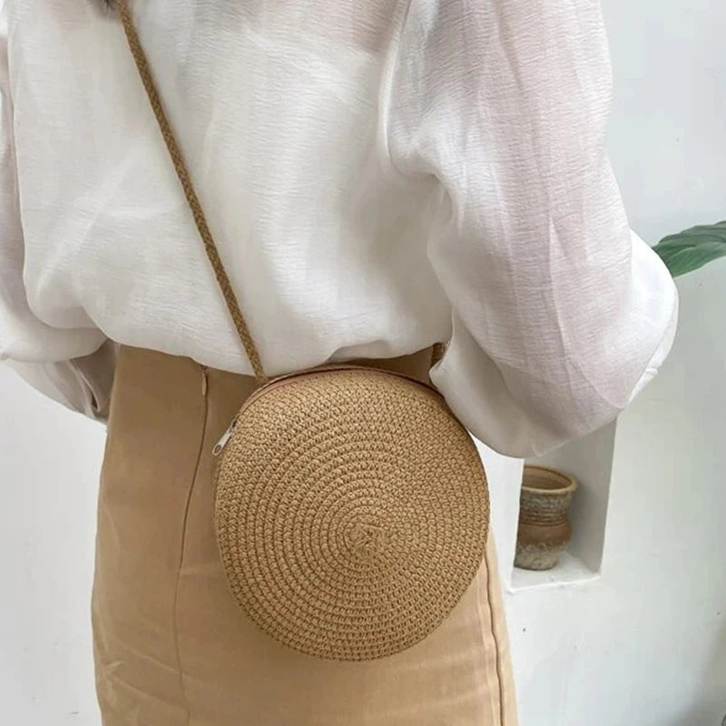 Minimalist Straw Round Crossbody Bag