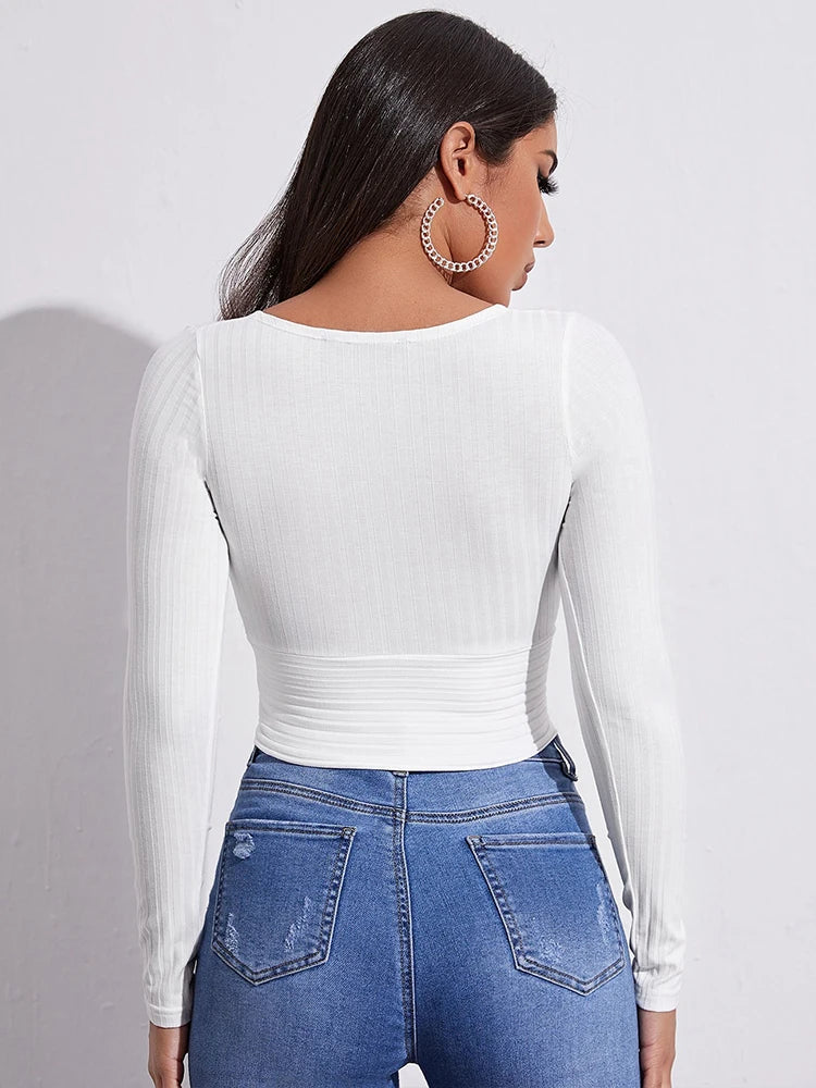 Women Casual Solid Long Sleeve Crop T-shirt