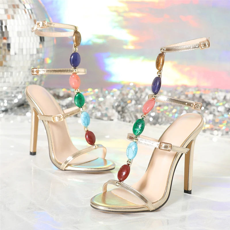 Bohemian Style Gem Strap Designer High Heels