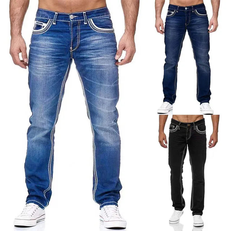 Solid Pockets Stretch Straight Denim Jeans