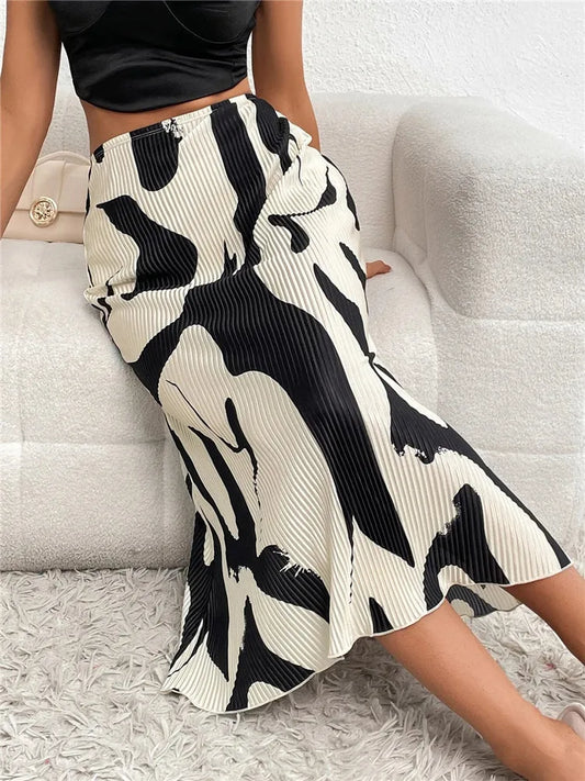 Casual Graphic Print Pleated Long Skirt