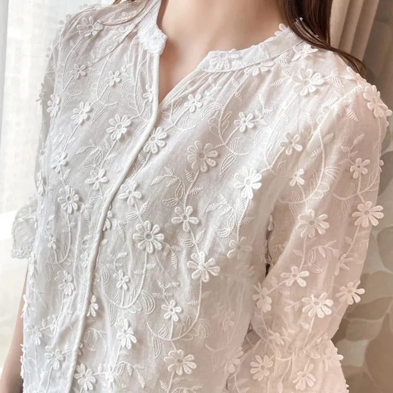 Women's Cotton Short Sleeve Lace Blouse